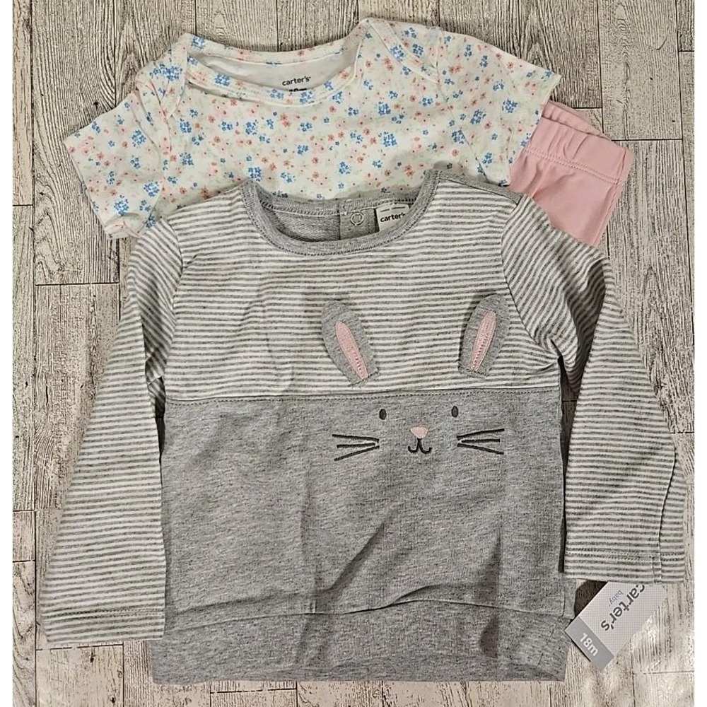 Carter's Bunny 3pc Jacket Set 18mo Gray White Pink Floral Pants Long Sleeve NEW - Picture 1 of 11